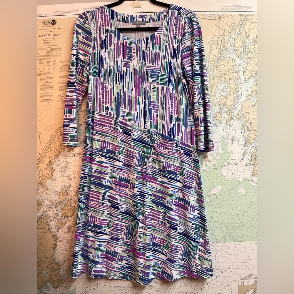 Habitat Dress Women’s XS Abstract Wearable Art Pocket Stretch Knit Artsy Panel